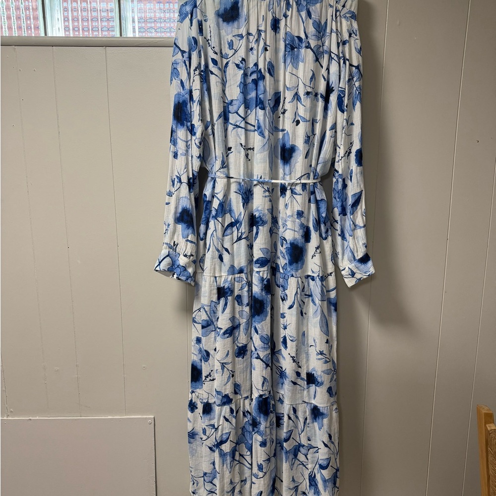 H&M Blue and White Pleated Sundress with Bishop Sleeves